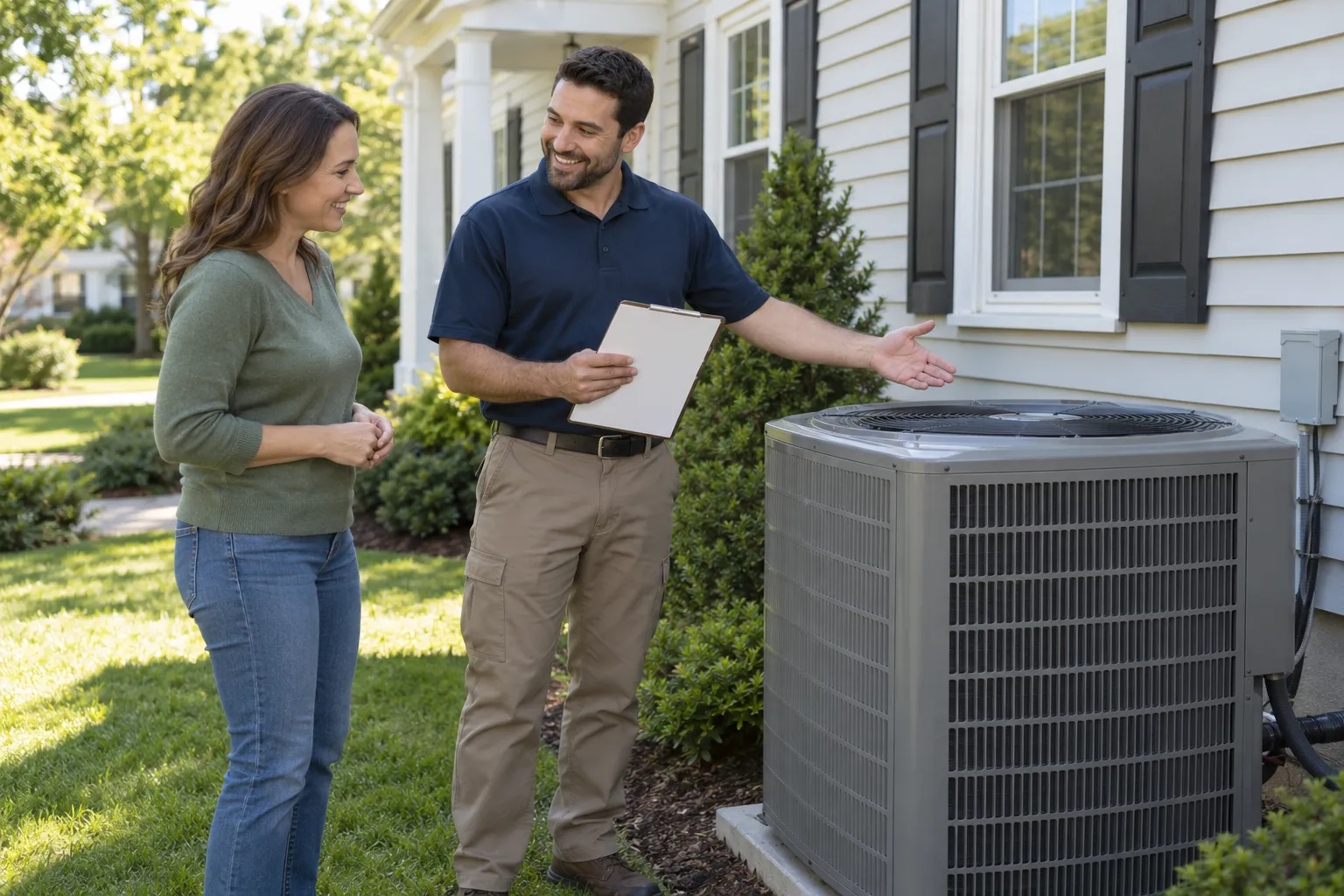 A friendly HVAC provider showing a homeowner a new outdoor air conditioner beside a colonial home in Aberdeen