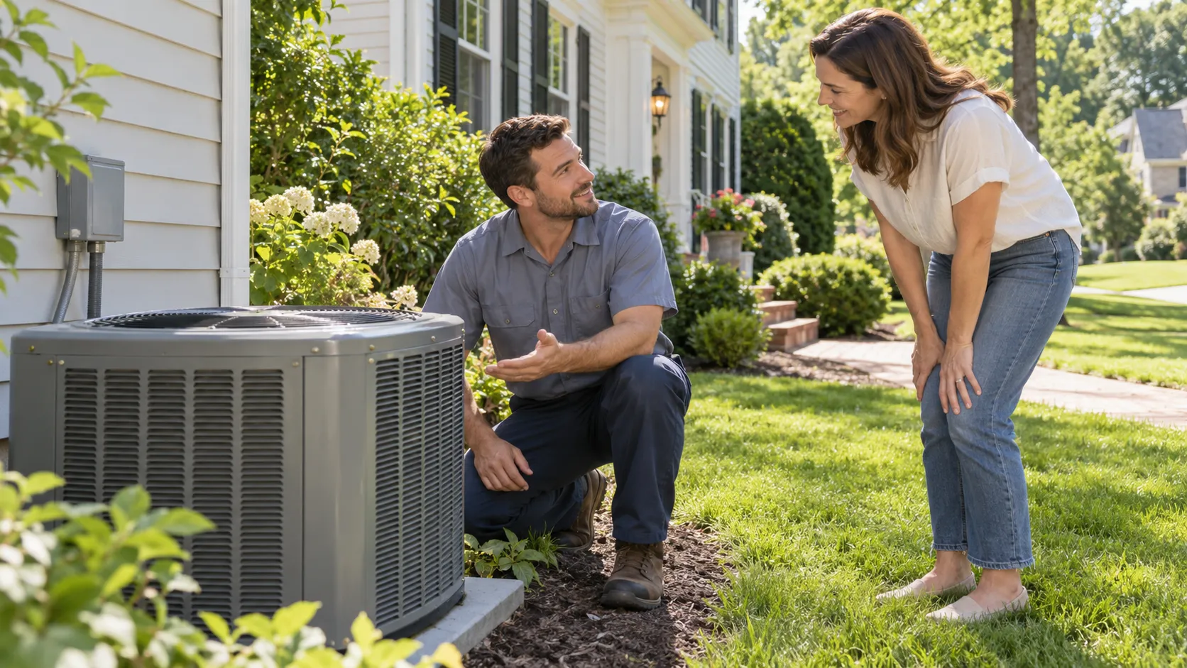 Friendly HVAC provider showing a homeowner the outdoor AC unit at a home in Aberdeen