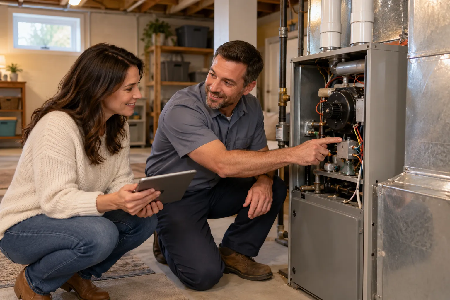 A friendly HVAC provider showing a homeowner the furnace in a basement in Aberdeen